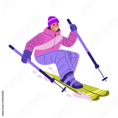 A flat style illustration of a happy ice skier