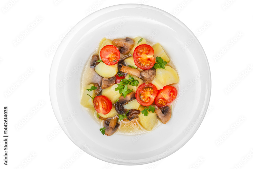 Boiled potatoes with mushrooms and tomatoes. Isolated over white background Boiled potatoes with mushrooms and tomatoes. Isolated over white background