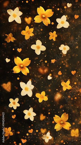 white, brown, yellow, black, dark yellow mixed together. distressed. dots. house. bokeh. grunge. coffee. elegant Daffodils, hearts. vertical and horizontal dotted column trellis grid overlay