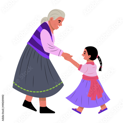 An elderly dancing with a child, flat style illustration
