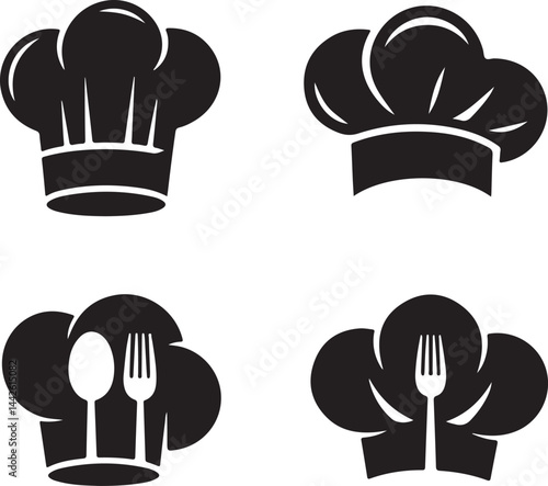 Chef hats silhouette set tall toque, side view, stylized chef icon, spoon, fork, black culinary clipart
