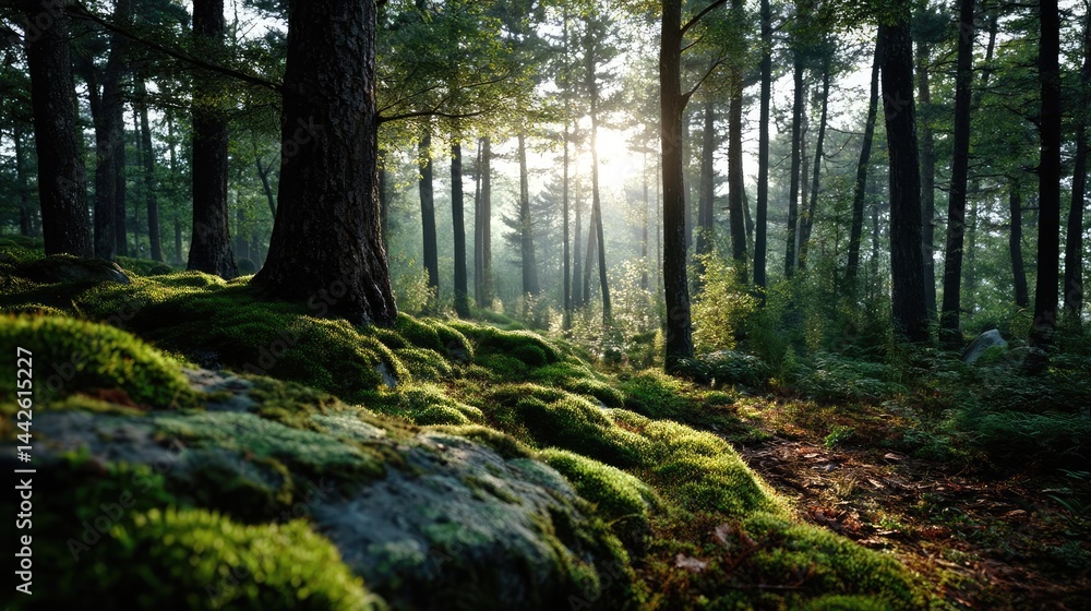 Obraz premium Green moss with natural colours in peaceful forest concept. Serene forest scene with sunlight filtering through.