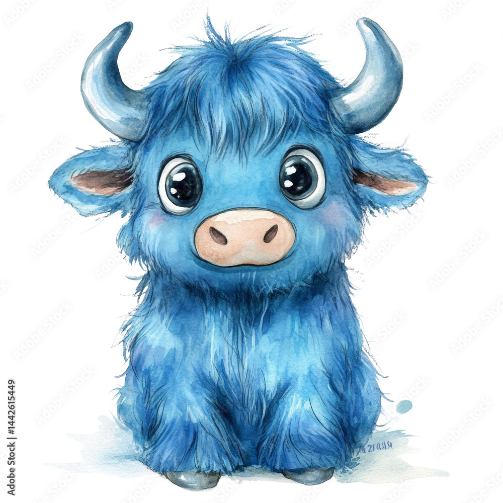 Whimsical blue yak calf with endearing eyes, a captivating creature illustration Whimsical blue yak calf with endearing eyes, a captivating creature illustration