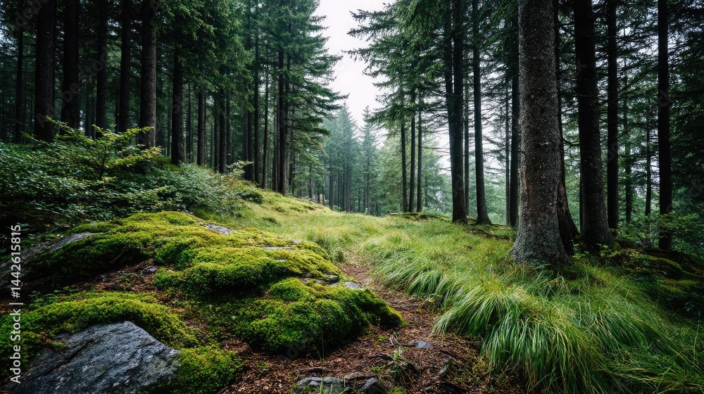 Obraz premium Green moss with relax mood in green forest concept. Lush forest path lined with diverse greenery.