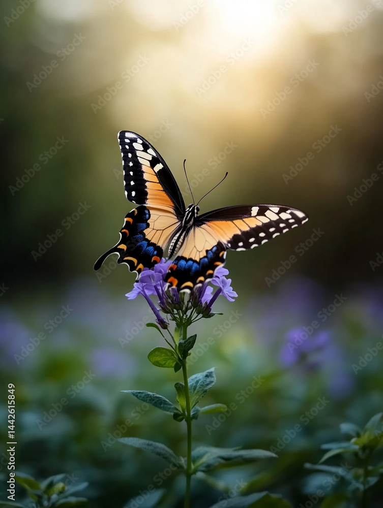 A colorful butterfly perched on a bright purple flower in a sun-dappled garden, with the soft light creating an inviting and whimsical atmosphere A colorful butterfly perched on a bright purple flower in a sun-dappled garden, with the soft light creating an inviting and whimsical atmosphere