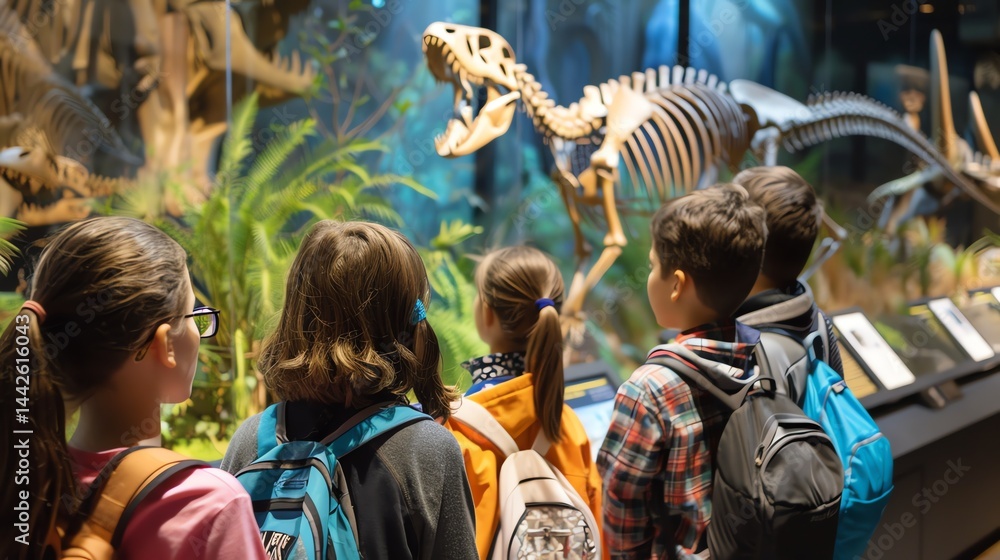 Naklejka premium Curious kids explore a natural history museum, mesmerized by a towering dinosaur skeleton.