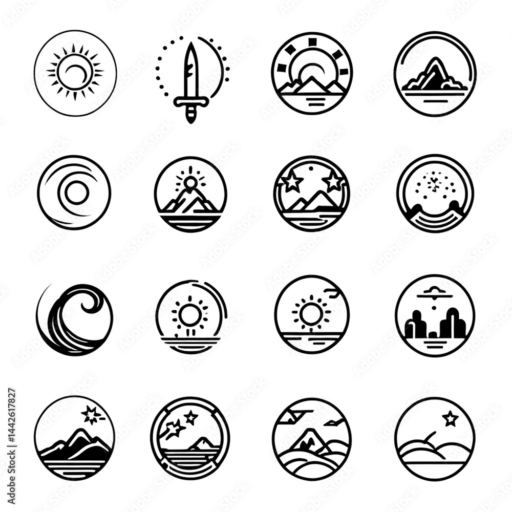 Fototapeta premium 自然と太陽のバッジセット|Nature and Sun Badge Set