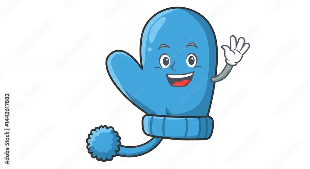 Fototapeta premium Friendly blue cartoon mitten character waving on white background
