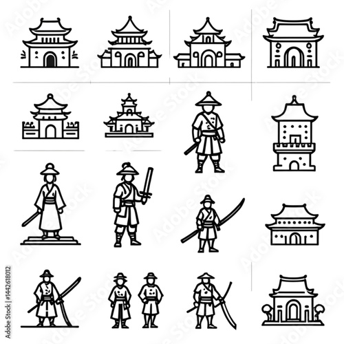 日本の城と侍アイコンセット｜Japanese Castles and Samurai Icon Set