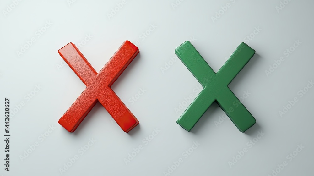 Obraz premium 3D red and green X icons symbolizing correct and incorrect on light background