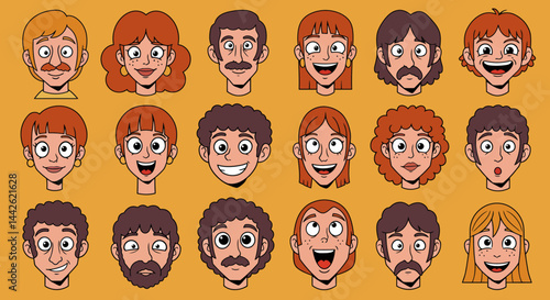 Nine Cartoon Faces with Varied Expressions and Hairstyles on Gold