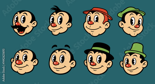 Retro Cartoon Character Heads with Large Eyes and Red Noses
