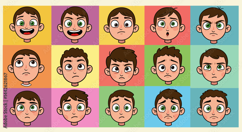 Cartoon boy faces showing different emotions happy angry sad and worried Cartoon boy faces showing different emotions happy angry sad and worried