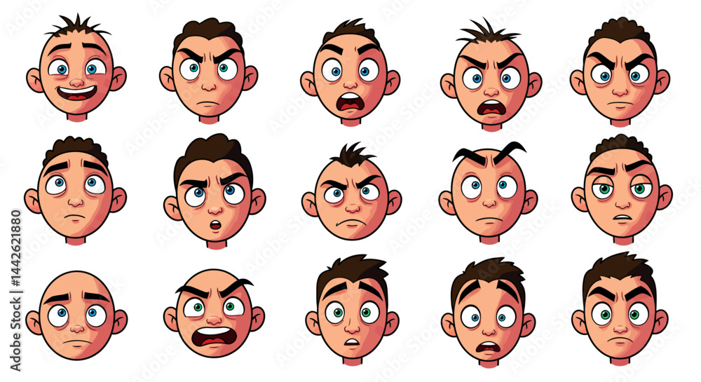 Cartoon Boy Headshots Displaying Diverse Emotions Cartoon Boy Headshots Displaying Diverse Emotions
