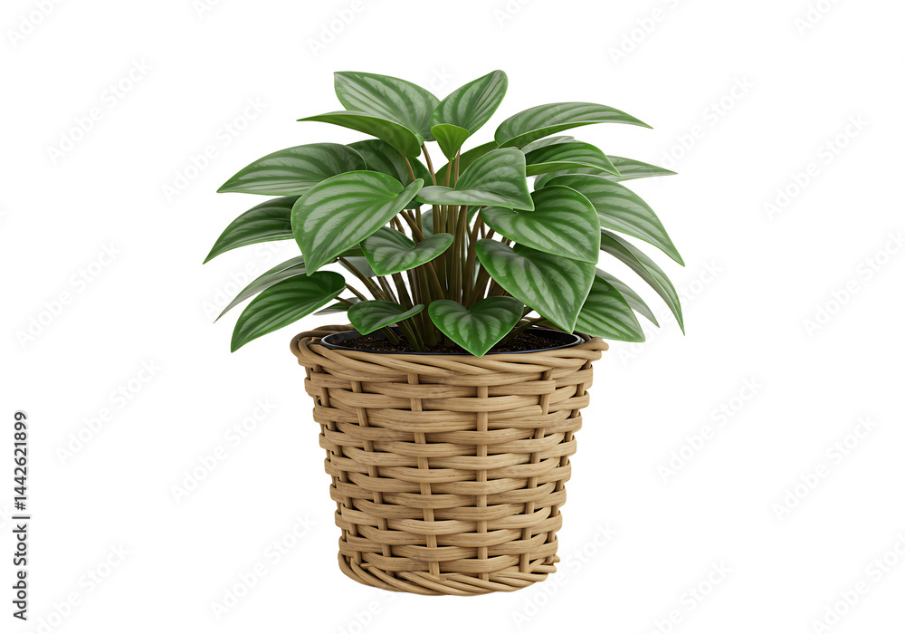 Fototapeta premium Radiant Peperomia plant within a woven planter against a pristine white canvas backdrop