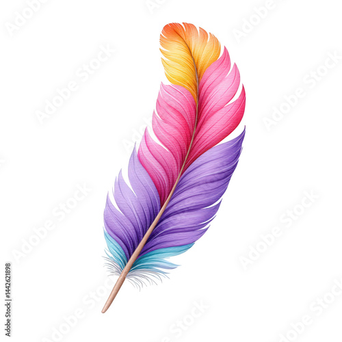 Vibrant multi-colored feather with gradient hues of pink, purple, orange, and blue on a transparent background suitable for creative designs and artistic projects photo