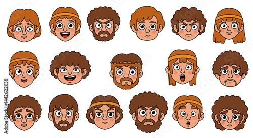 Cartoon Faces Displaying Varied Emotions and Hairstyles with Bold Outlines