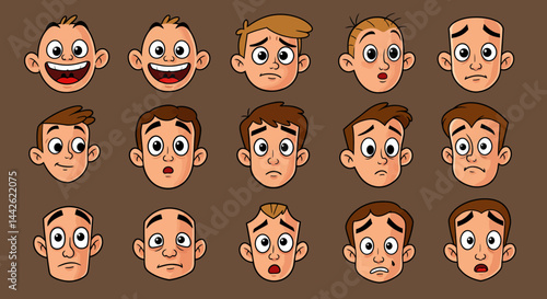 Cartoon faces showing different emotions joy surprise sadness and neutrality