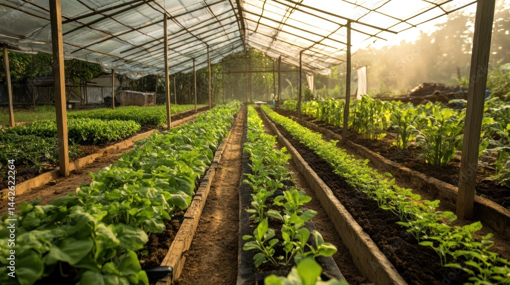 Sunlight streams into a greenhouse filled with young plants Sunlight streams into a greenhouse filled with young plants