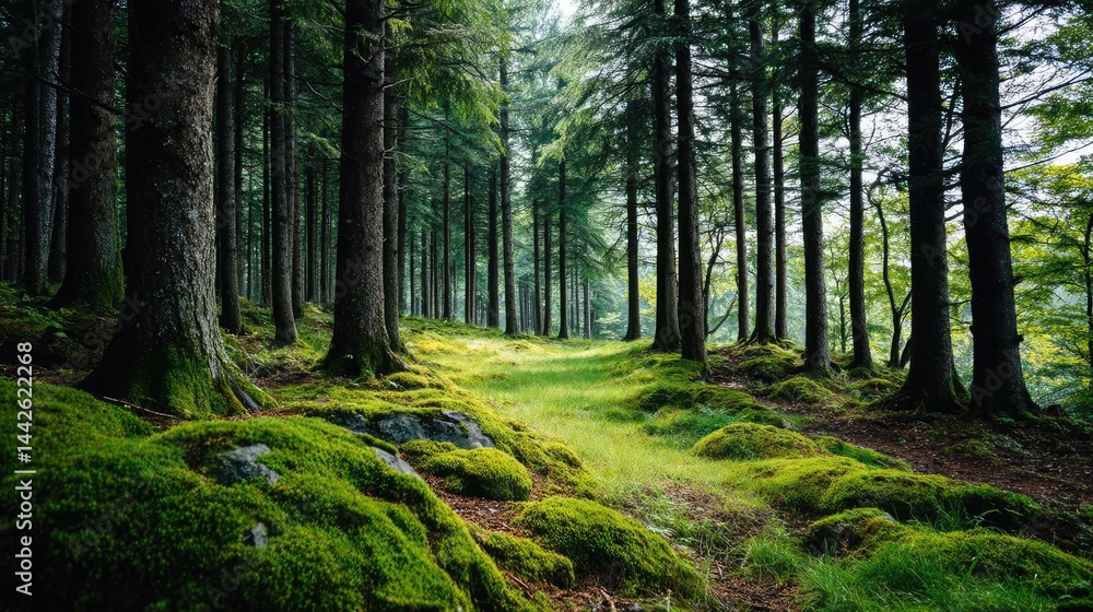 Obraz premium Green moss with relax mood in green forest concept. Lush green forest path with mossy ground.