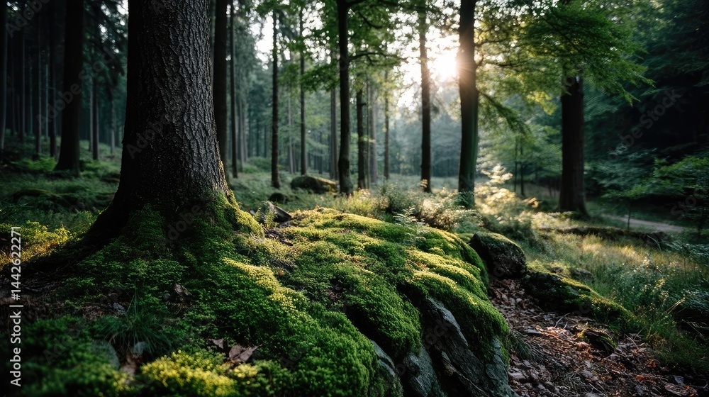 Fototapeta premium Green moss with relax mood in green forest concept. Sunlight filters through lush forest trees.