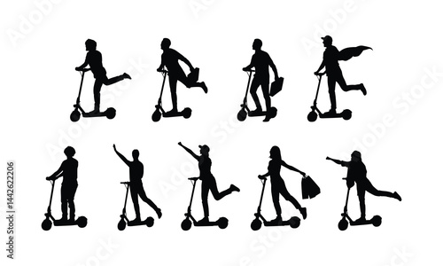 People riding electric scooters silhouette set