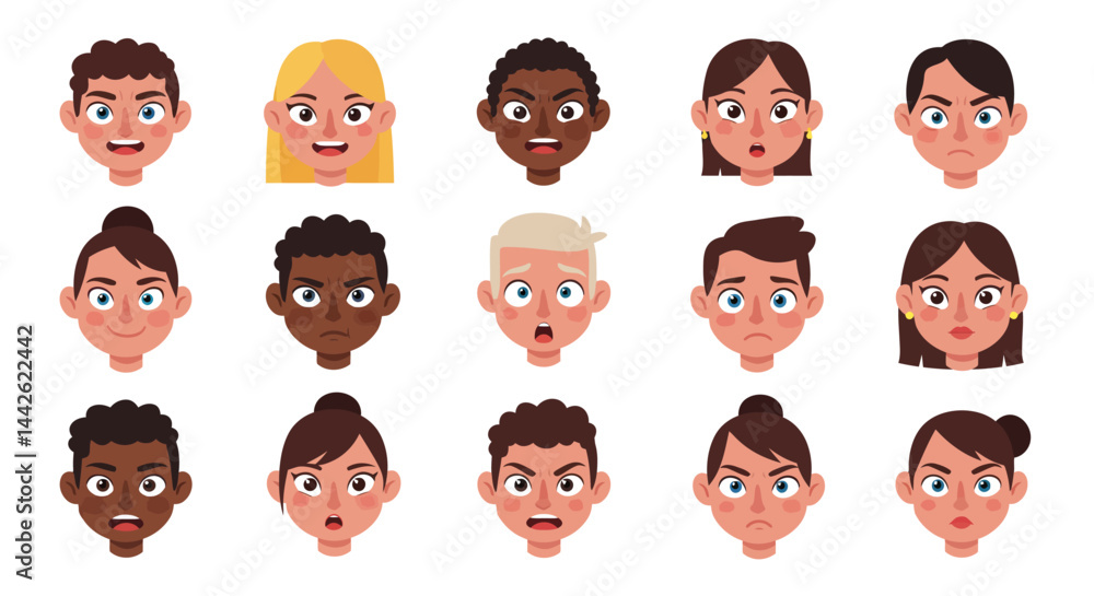Diverse Cartoon Faces Displaying Various Emotions Diverse Cartoon Faces Displaying Various Emotions
