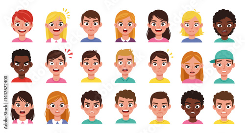 Diverse cartoon faces displaying various emotions from joy to anger and surprise