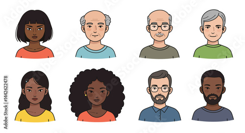Diverse Cartoon Portraits Woman with Bangs Man with Receding Hairline Two Women