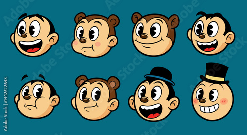 Expressive Cartoon Boy and Bear Faces with Varied Emotions