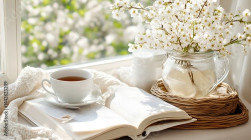 Springtime reading nook with tea and flowers