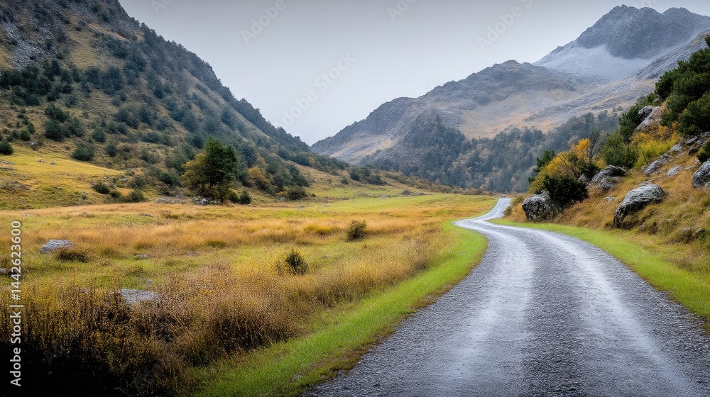 Fototapeta premium Mountain Road Winding Path Rustic Landscape High-resolution Wide Angle View Autumnal Foliage Journey Ahead Alpine Valley Serene Autumnal Travel Photography
