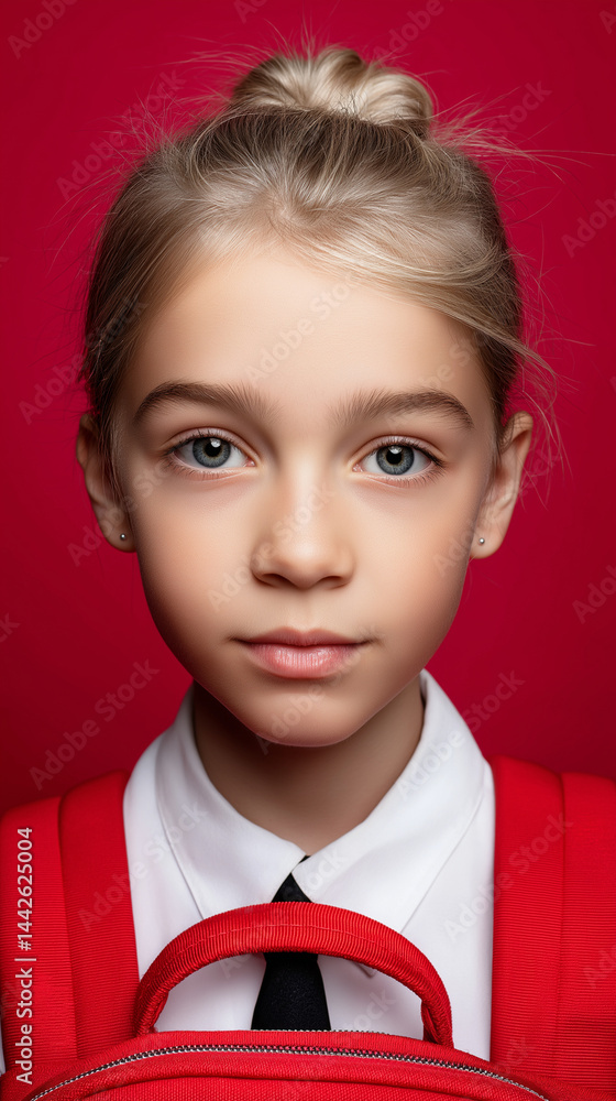 Porträt eines blonden Mädchens mit ernstem Gesichtsausdruck in roter Kleidung vor rotem Hintergrund im minimalistischen Stil