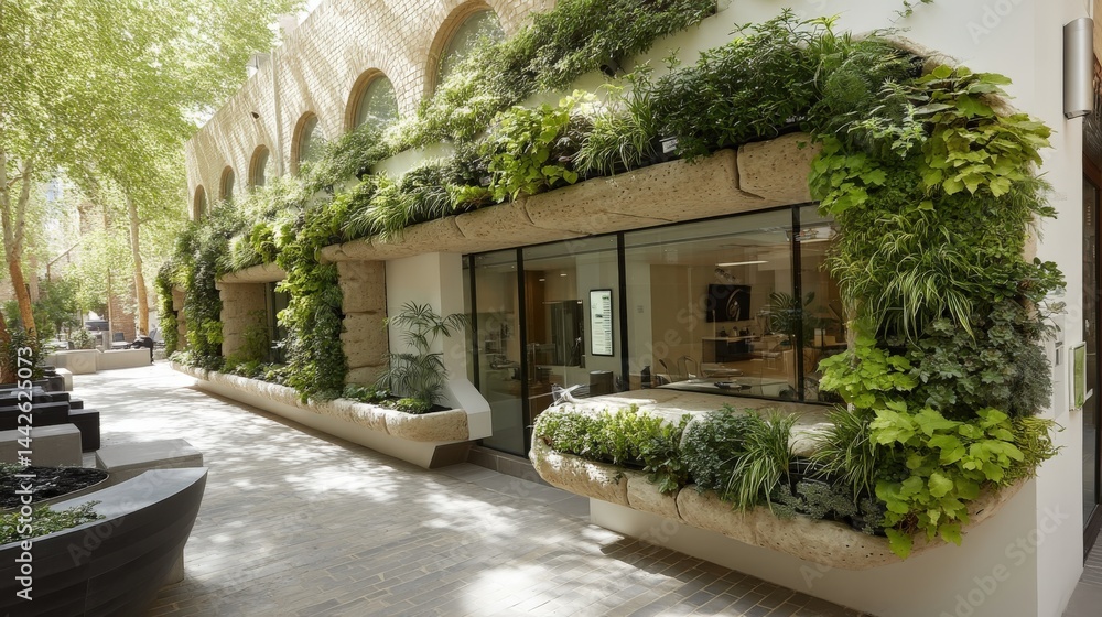 Fototapeta premium Living wall module enhances exterior architecture with green plants and open space