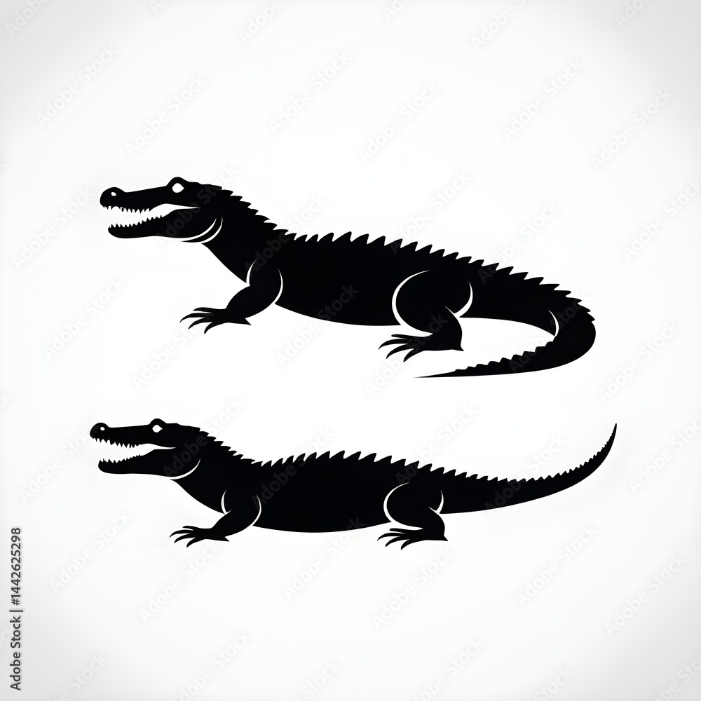 Fototapeta premium Vector Silhouette of a Crocodile on White Background – Black Icon Design Featuring Alligator or Crocodile Shape, Ideal for Logos, Wildlife Graphics, Educational Use, and Nature-Themed Vector Projects 