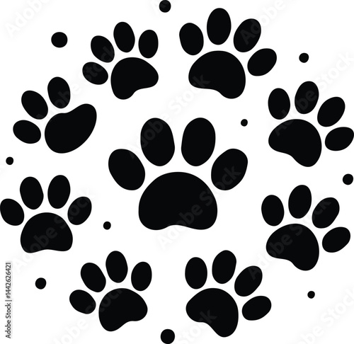 Paw vector foot trail print of cat. Dog, puppy silhouette animal diagonal tracks for t-shirts, backgrounds, patterns, websites, showcases design, greeting cards, child prints and etc.