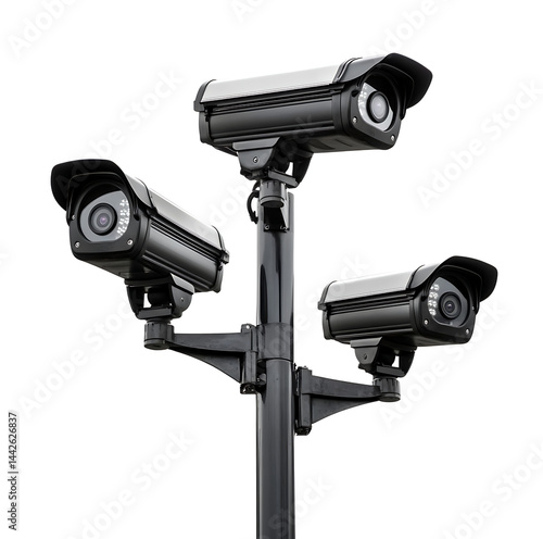 Surveillance Security Cameras On Pole Mounted On Transparent Background Png Cutout