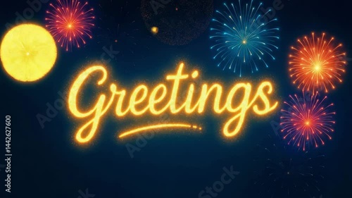 Greetings message with colorful fireworks display