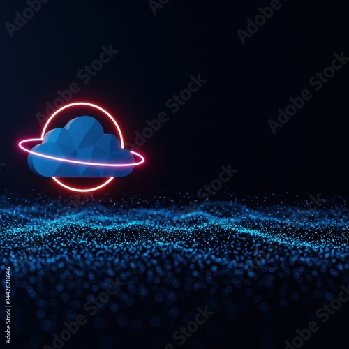 Neon Cloud Computing Symbol in Digital Space:  Abstract 3D Render of Global Network and Data