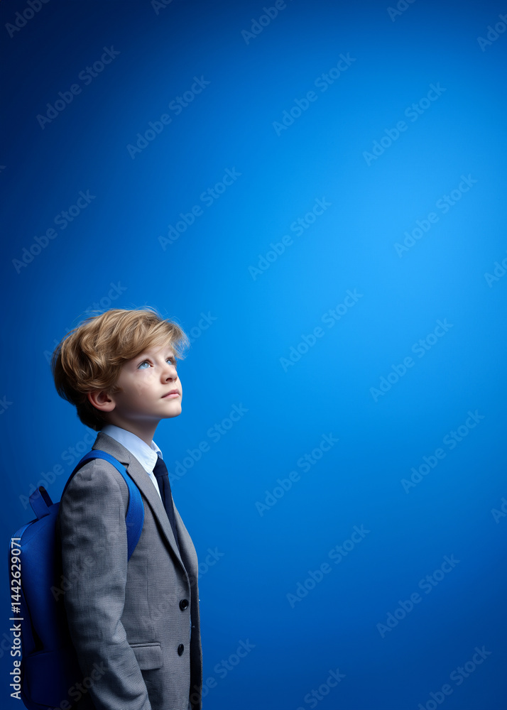 Blonder Junge im grauen Anzug mit Rucksack blickt seitlich vor blauem Hintergrund im minimalistischen Stil