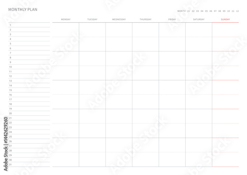 A monthly plan template with a simple and minimal style. Note, scheduler, diary, calendar planner document template illustration.