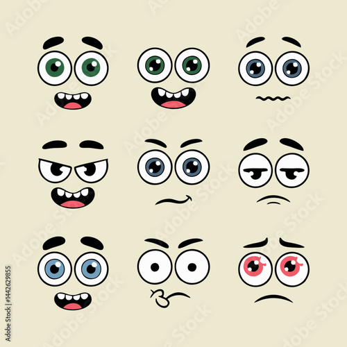 87.eps A set of cartoon eyes showing various facial expressions, each conveying a different emotion such as happiness, sadness, anger, and surprise.
