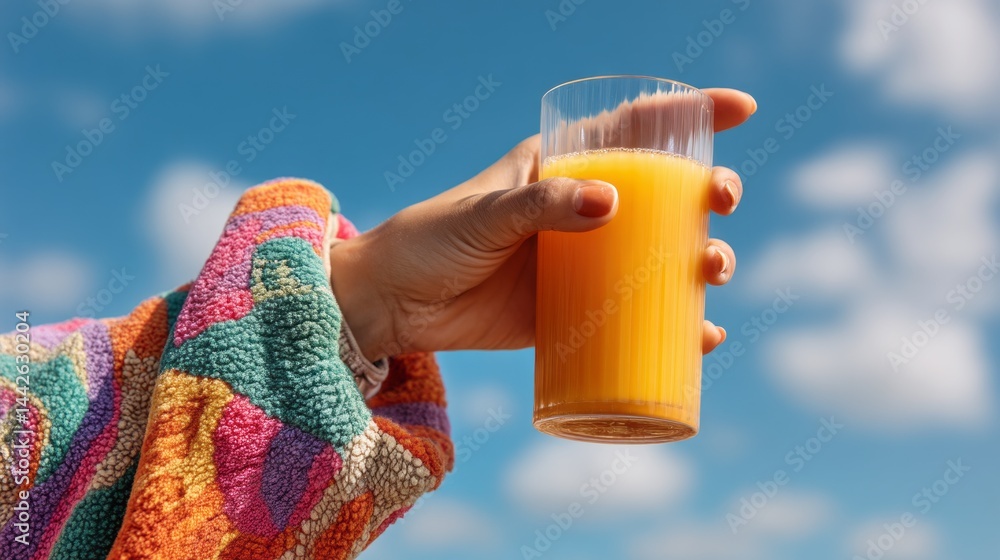 A woman's hand, adorned in a colorful jacket, holds a glass of orange juice. The vibrant hues of the jacket contrast beautifully with the clear blue sky and soft white clouds
