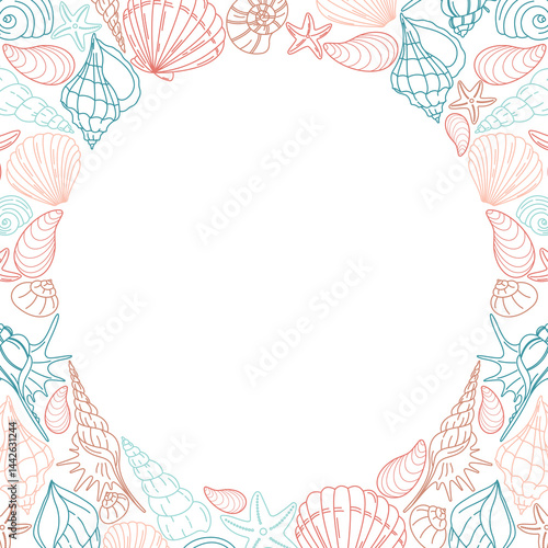 Frame made of hand-drawn seashells and starfish in pastel colors. Perfect for summer cards, wedding invitations, beach party designs, and marine-themed decorations.
