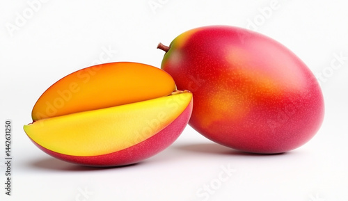 Fresh ripe mango cut in half, shiny texture piece - realistic stock photo on white background