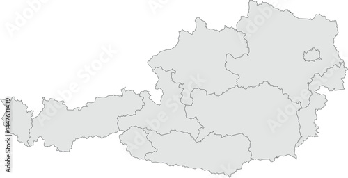 Vector map of Austria showing all regions with clearly defined borders and country outline. Grey color scheme with dark contours. Perfect for educational, infographic, and professional use.

