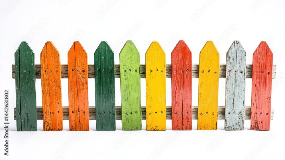 Fototapeta premium Small wooden fences in bright orange, yellow, and green on white background.