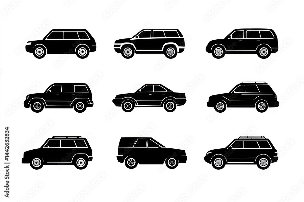 Nine car silhouettes; side view; white background; automotive design; infographics Nine car silhouettes; side view; white background; automotive design; infographics