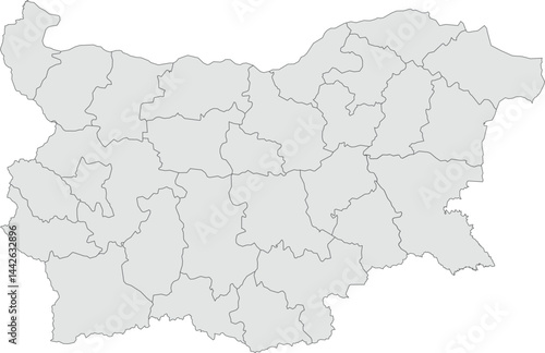 Vector map of Bulgaria showing all regions with clearly defined borders and country outline. Grey color scheme with dark contours. Suitable for educational, infographic, and professional use.


