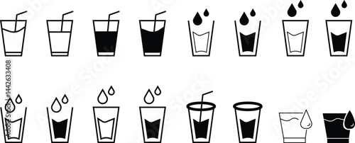 classic water glass icon set. Soft Water drops Line icon, Design, Pixel perfect, Editable stroke. Logo, Sign, Symbol. falling drops into glass pipe icon Refreshing Hydration on transparent background